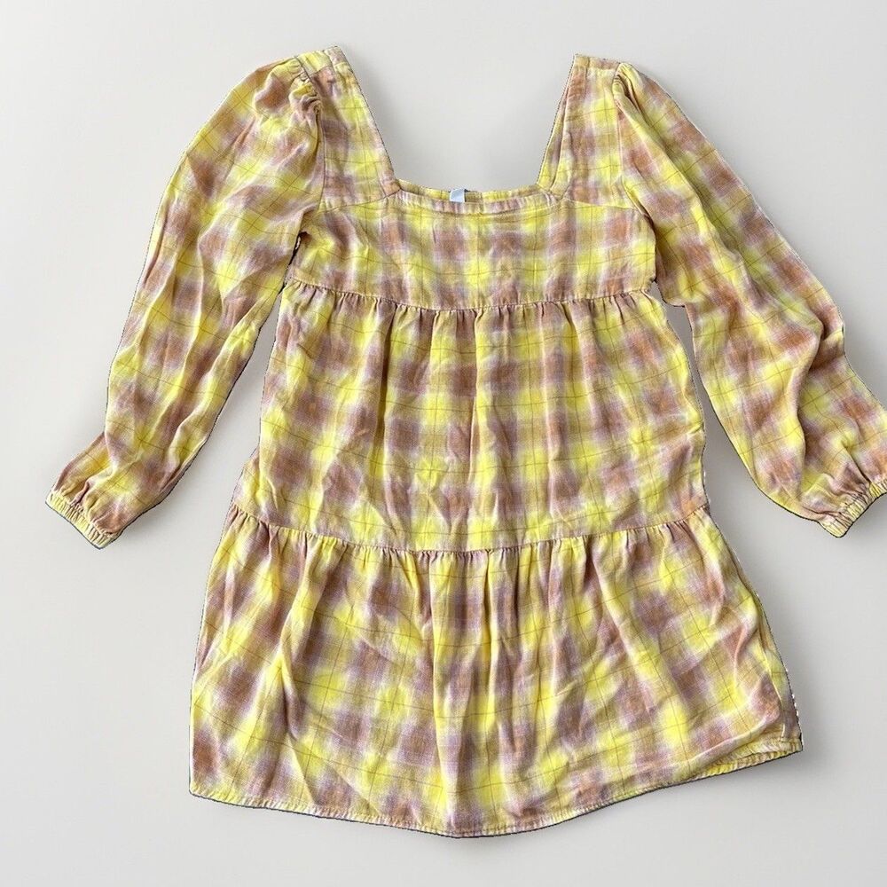 BP Yellow Tiered Mini Dress Size XS Plaid Long Sleeve Boho Fall
